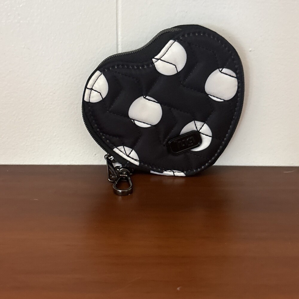 LUG Heart coin purse black & white polka dot Coin Purse Ear Buds Zip Top